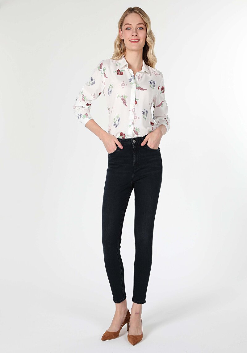 Slim Fit Shirt Neck Baskılı Kadın Çok Renkli Uzun Kol Gömlek