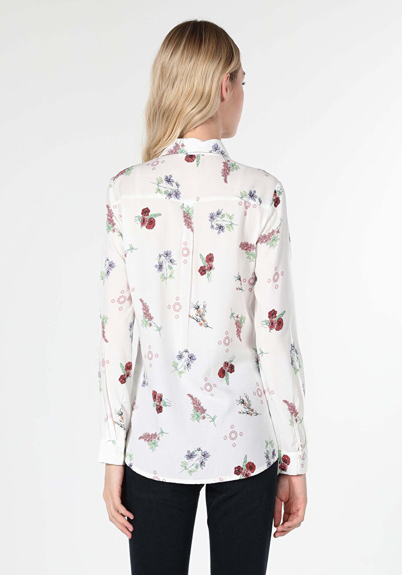 Slim Fit Shirt Neck Baskılı Kadın Çok Renkli Uzun Kol Gömlek