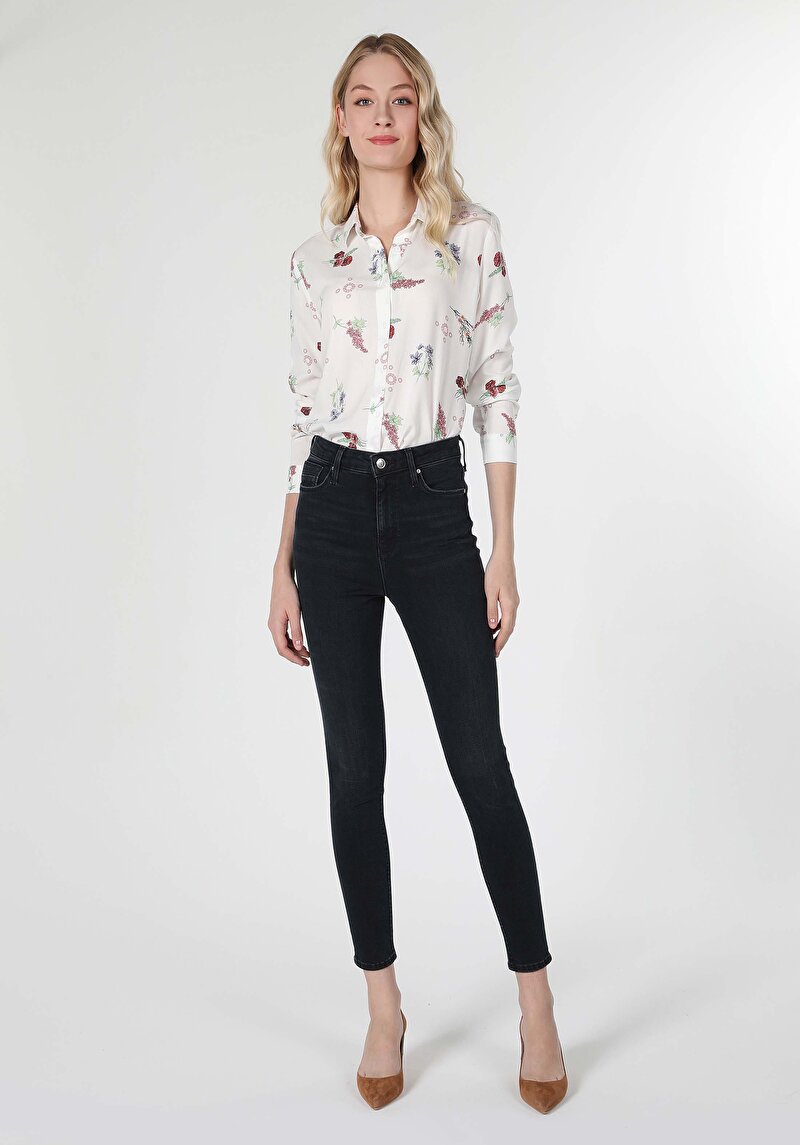 Slim Fit Shirt Neck Baskılı Kadın Çok Renkli Uzun Kol Gömlek