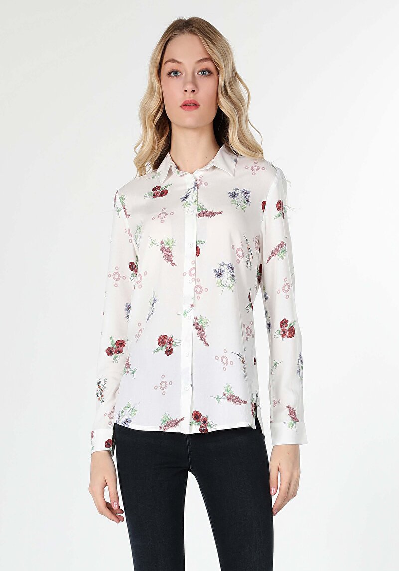 Slim Fit Shirt Neck Baskılı Kadın Çok Renkli Uzun Kol Gömlek