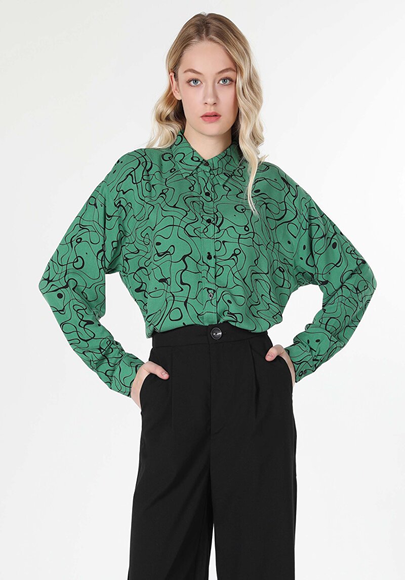 Regular Fit Shirt Neck Baskılı Kadın Çok Renkli Uzun Kol Gömlek