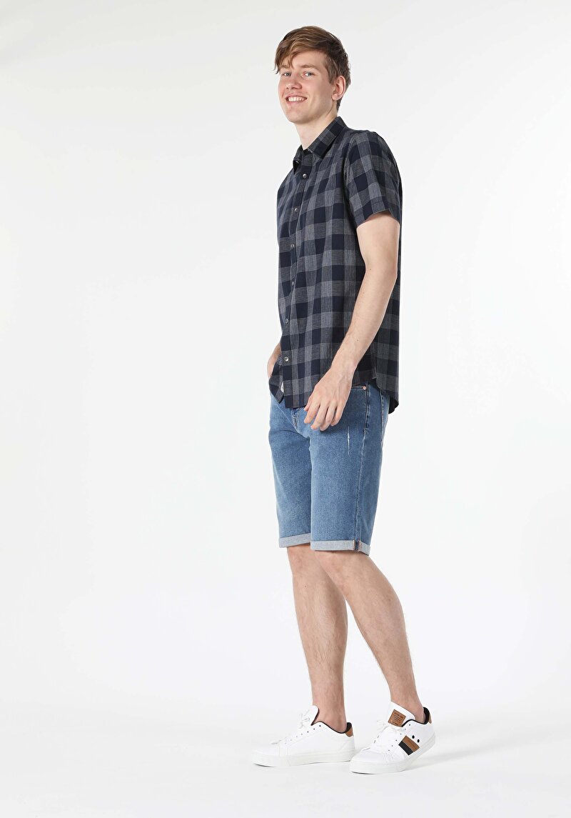 Regular Fit Shirt Neck Erkek Lacivert Kısa Kol Gömlek Cl1058646