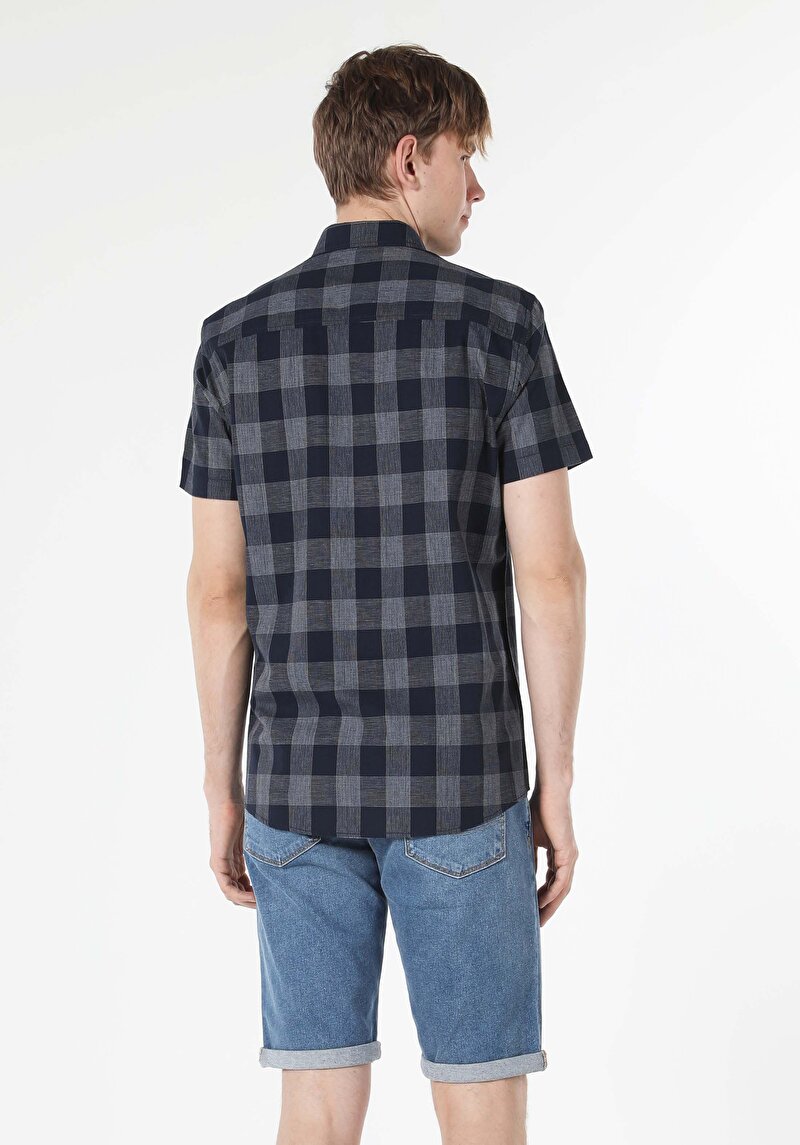 Regular Fit Shirt Neck Erkek Lacivert Kısa Kol Gömlek Cl1058646