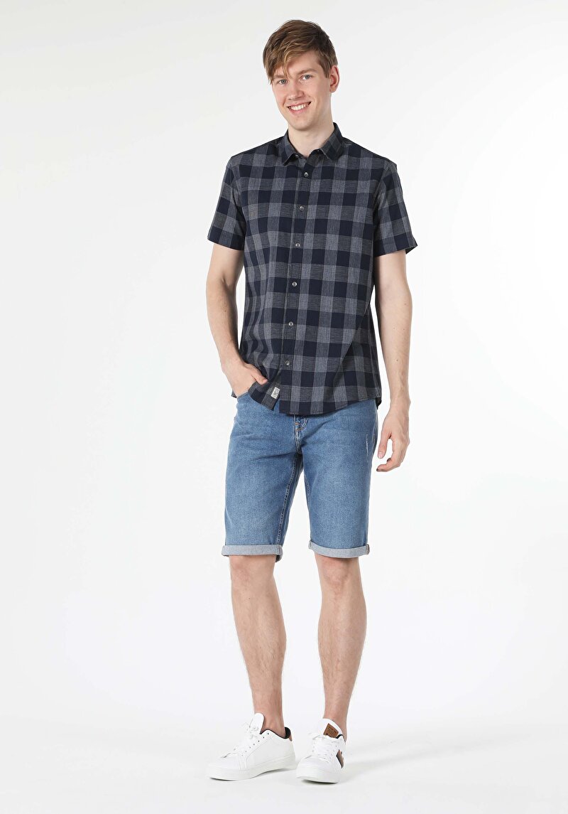 Regular Fit Shirt Neck Erkek Lacivert Kısa Kol Gömlek Cl1058646