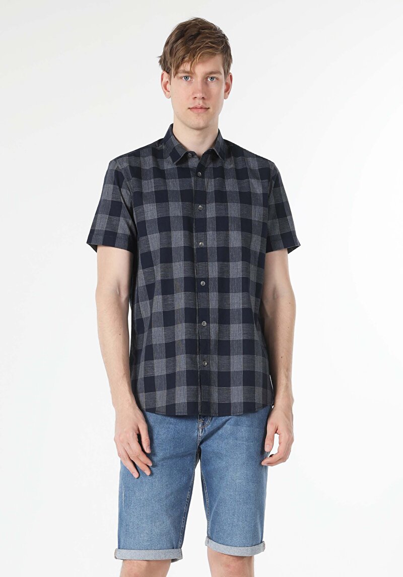 Regular Fit Shirt Neck  Erkek Lacivert Kısa Kol Gömlek Cl1058646
