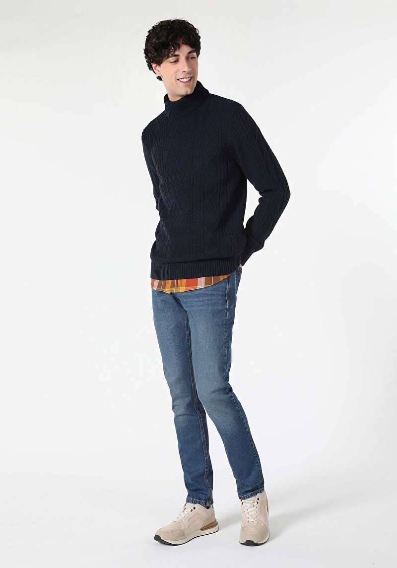 Regular Fit High Neck Jakarlı Erkek Lacivert Kazak