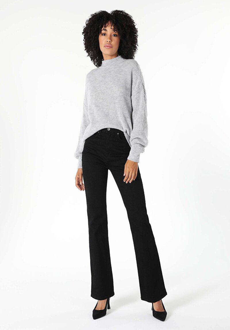 Regular Fit Dik Yaka Düz Kadın Gri Kazak