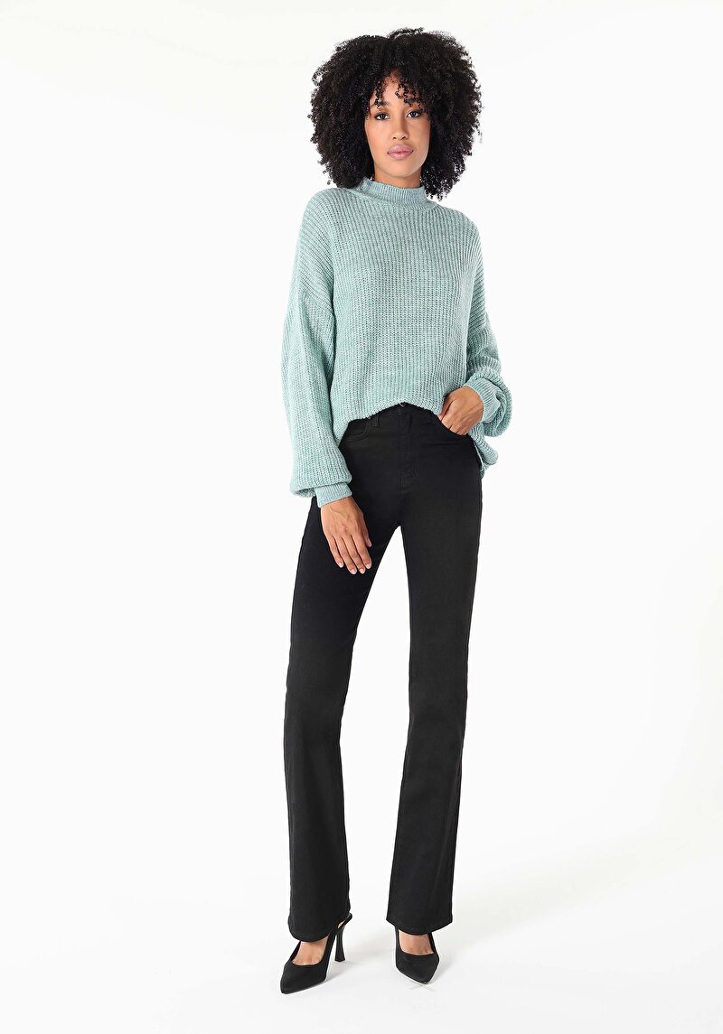 Regular Fit Dik Yaka Düz Kadın Yeşil Kazak