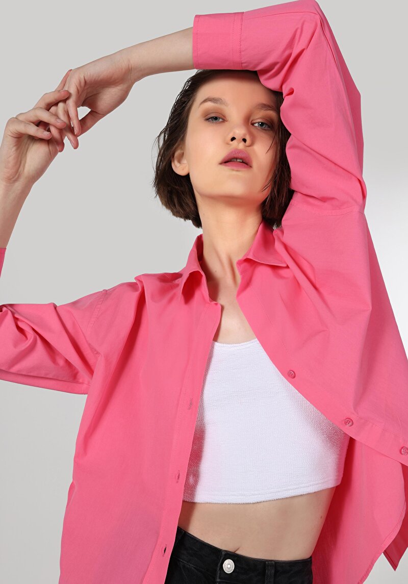 Relaxed Fit Shirt Neck Düz Kadın Pembe Uzun Kol Gömlek