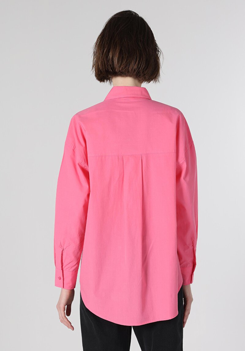 Relaxed Fit Shirt Neck Düz Kadın Pembe Uzun Kol Gömlek