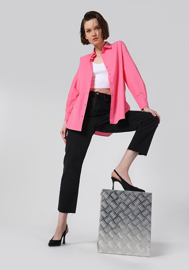 Relaxed Fit Shirt Neck Düz Kadın Pembe Uzun Kol Gömlek