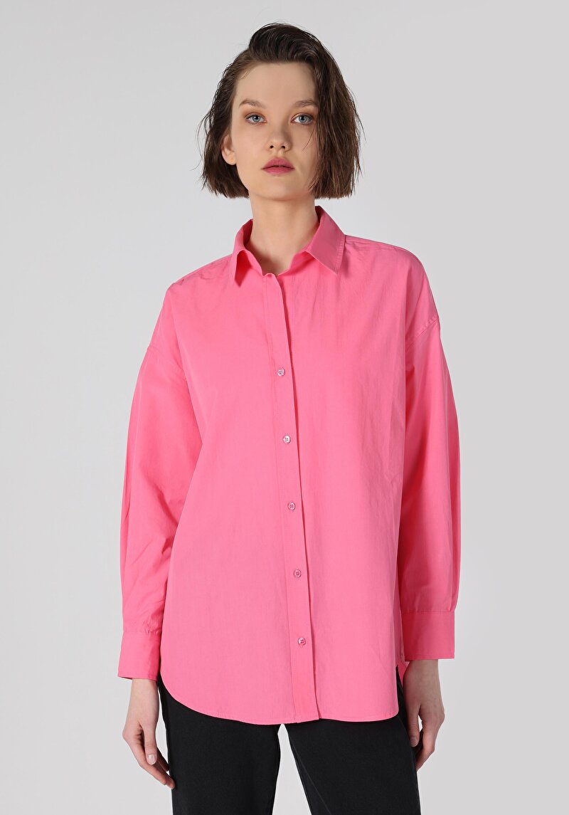 Relaxed Fit Shirt Neck Düz Kadın Pembe Uzun Kol Gömlek