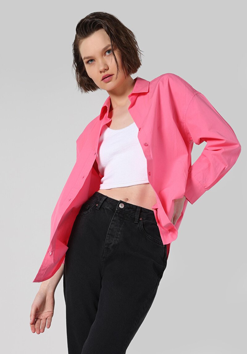 Relaxed Fit Shirt Neck Düz Kadın Pembe Uzun Kol Gömlek