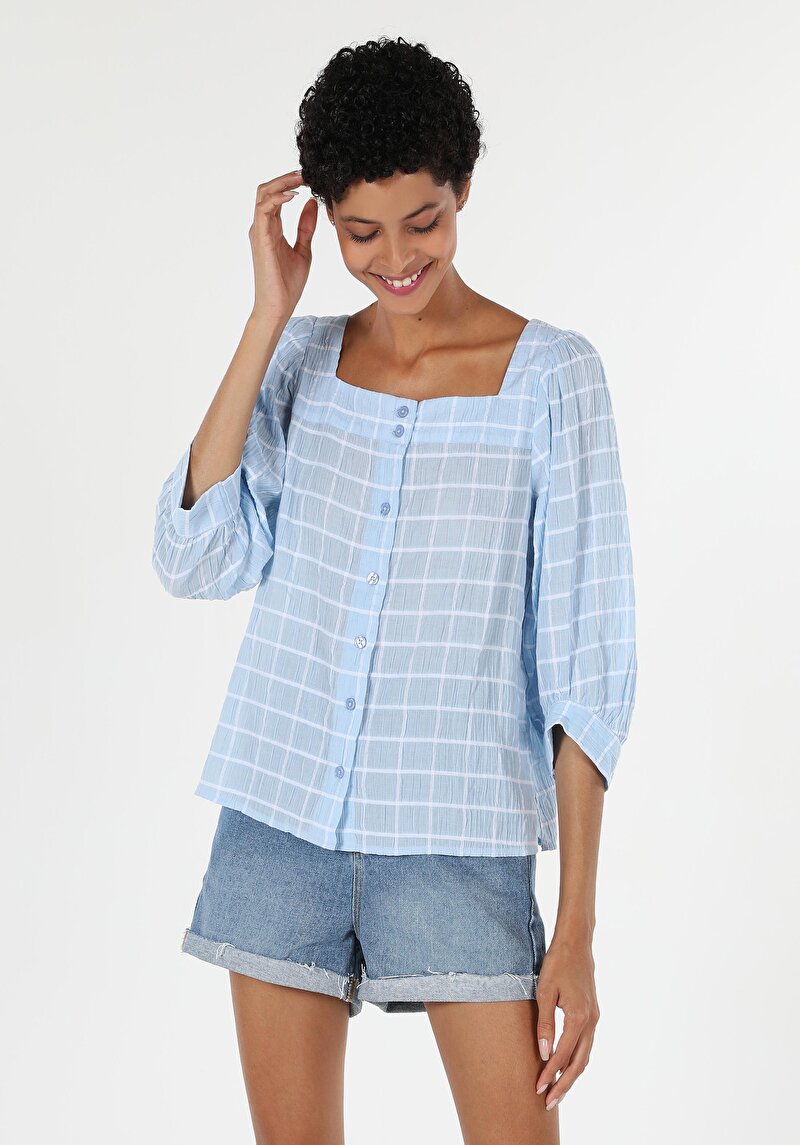 Regular Fit Kare Yaka Kareli Kadın Mavi ¾ Kol Gömlek