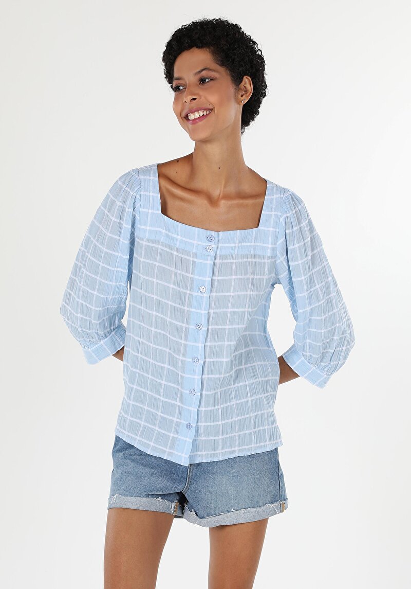 Regular Fit Kare Yaka Kareli Kadın Mavi ¾ Kol Gömlek