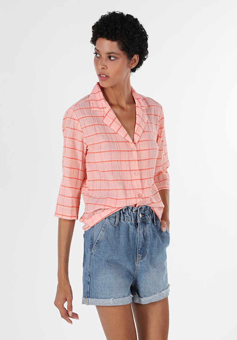 Regular Fit Shirt Neck Kareli Kadın Turuncu Uzun Kol Gömlek