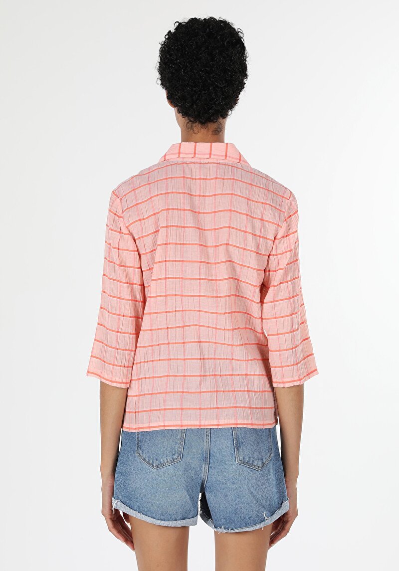 Regular Fit Shirt Neck Kareli Kadın Turuncu Uzun Kol Gömlek