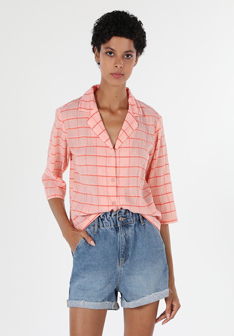 Regular Fit Shirt Neck Kareli Kadın Turuncu Uzun Kol Gömlek