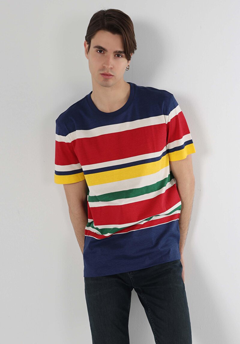 Comfort Fit Yuvarlak Yaka Çizgili Erkek Çok Renkli Kısa Kol Tişört