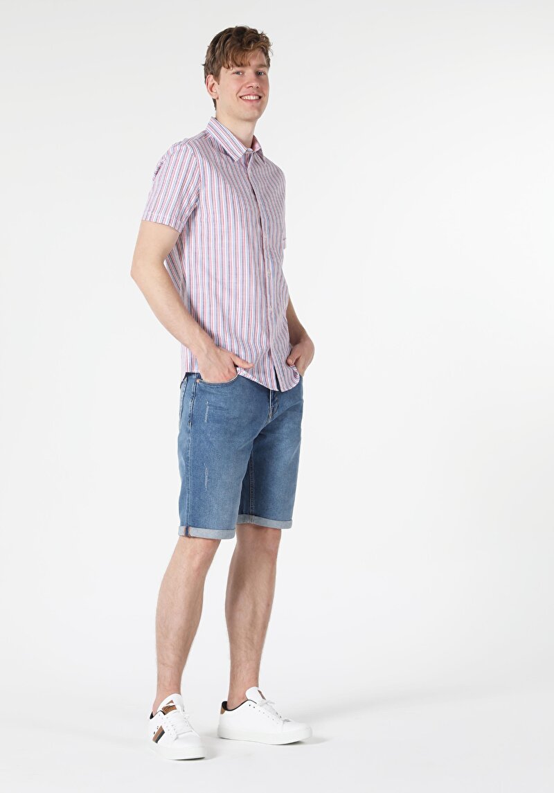 Slim Fit Shirt Neck  Erkek Çok Renkli Kısa Kol Gömlek