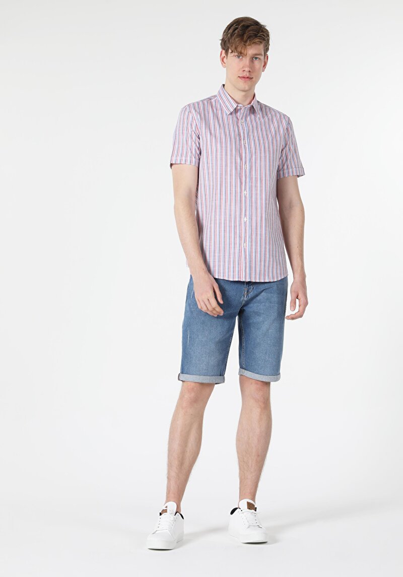 Slim Fit Shirt Neck  Erkek Çok Renkli Kısa Kol Gömlek