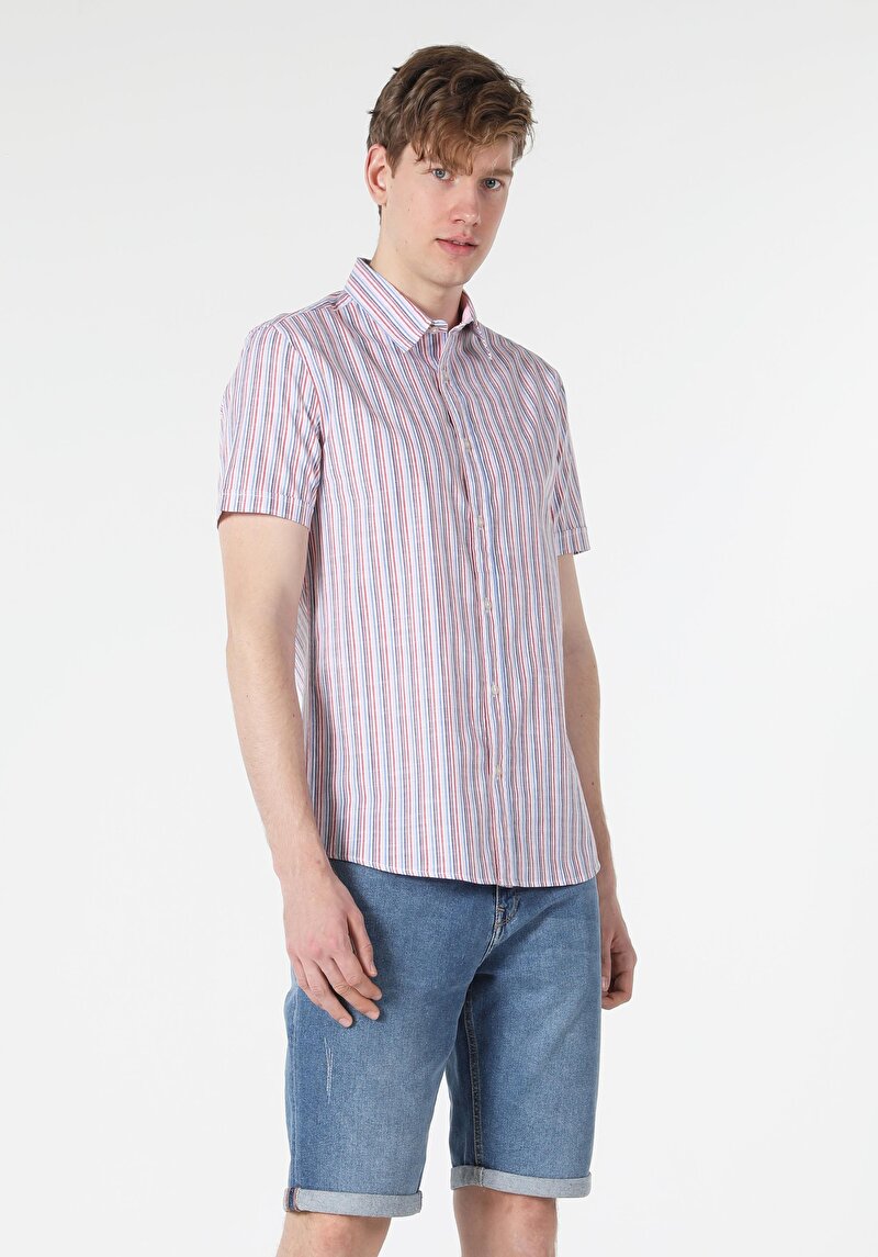 Slim Fit Shirt Neck  Erkek Çok Renkli Kısa Kol Gömlek