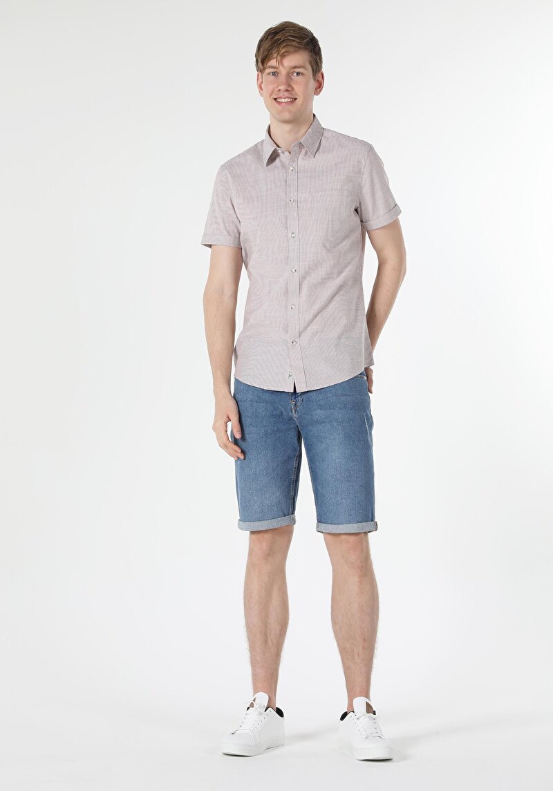 Slim Fit Shirt Neck Düz Erkek Bej Kısa Kol Gömlek