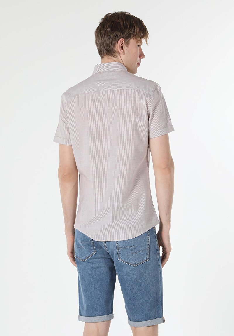 Slim Fit Shirt Neck Düz Erkek Bej Kısa Kol Gömlek