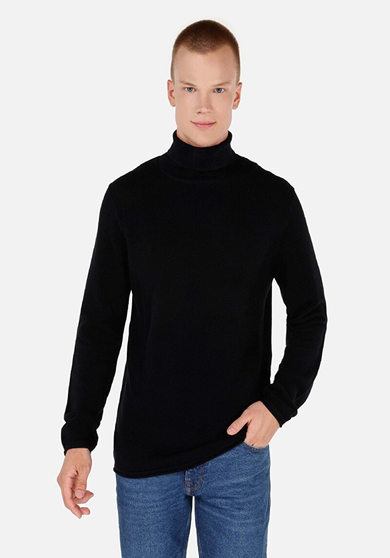 Regular Fit Turtle Neck Jakarlı Erkek Siyah Kazak