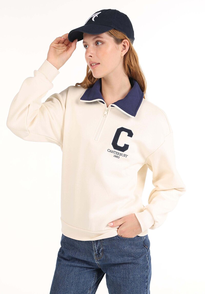 Regular Fit Fermuarlı Nakışlı Kadın Ekru Sweatshirt