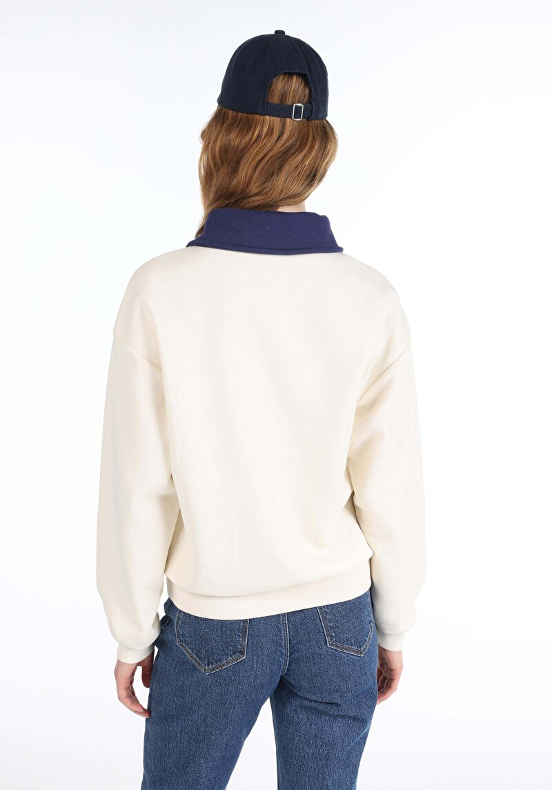 Regular Fit Fermuarlı Nakışlı Kadın Ekru Sweatshirt