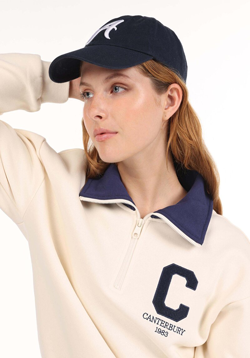 Regular Fit Fermuarlı Nakışlı Kadın Ekru Sweatshirt