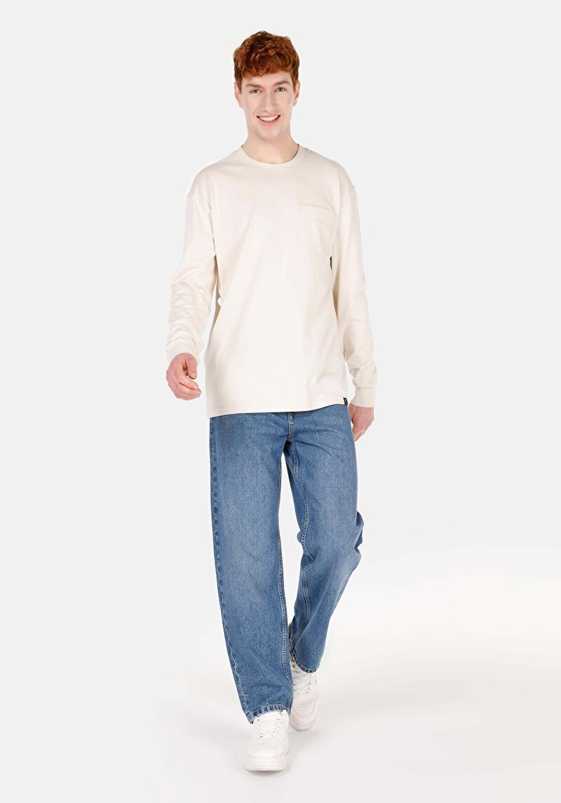 Regular Fit Yuvarlak Yaka Düz Pamuklu Erkek Taş Uzun Kol Tişört