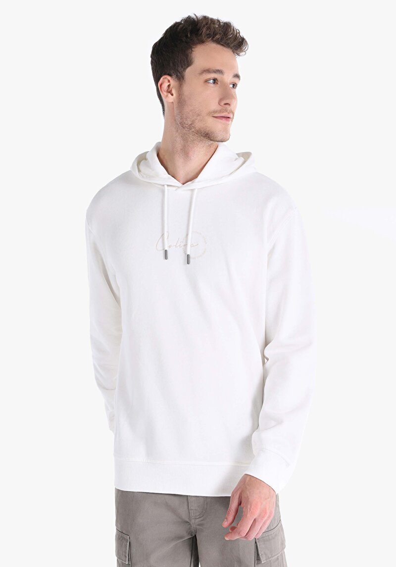 Comfort Fit Erkek Kapüşonlu Beyaz Sweatshirt