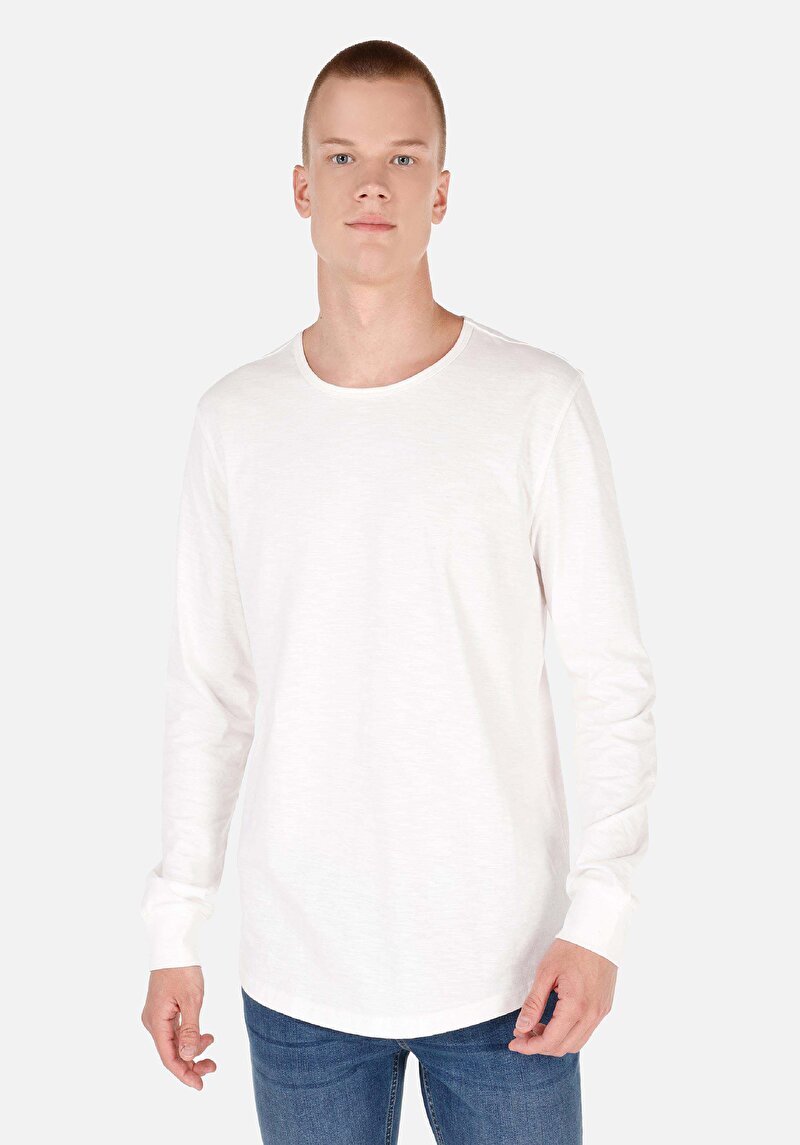 Regular Fit Yuvarlak Yaka Düz Erkek Beyaz Uzun Kol Tişört