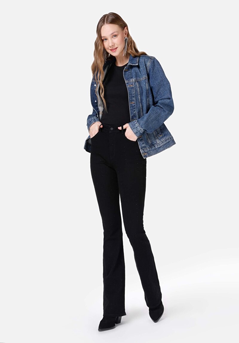 Slim Fit Orta Bel Bootcut Kadın Siyah Jean Pantolon