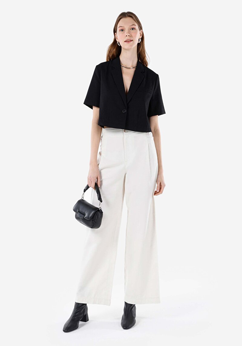 Regular Fit Yüksel Bel Geniş Paça Kadın Beyaz Cepsiz Pantolon