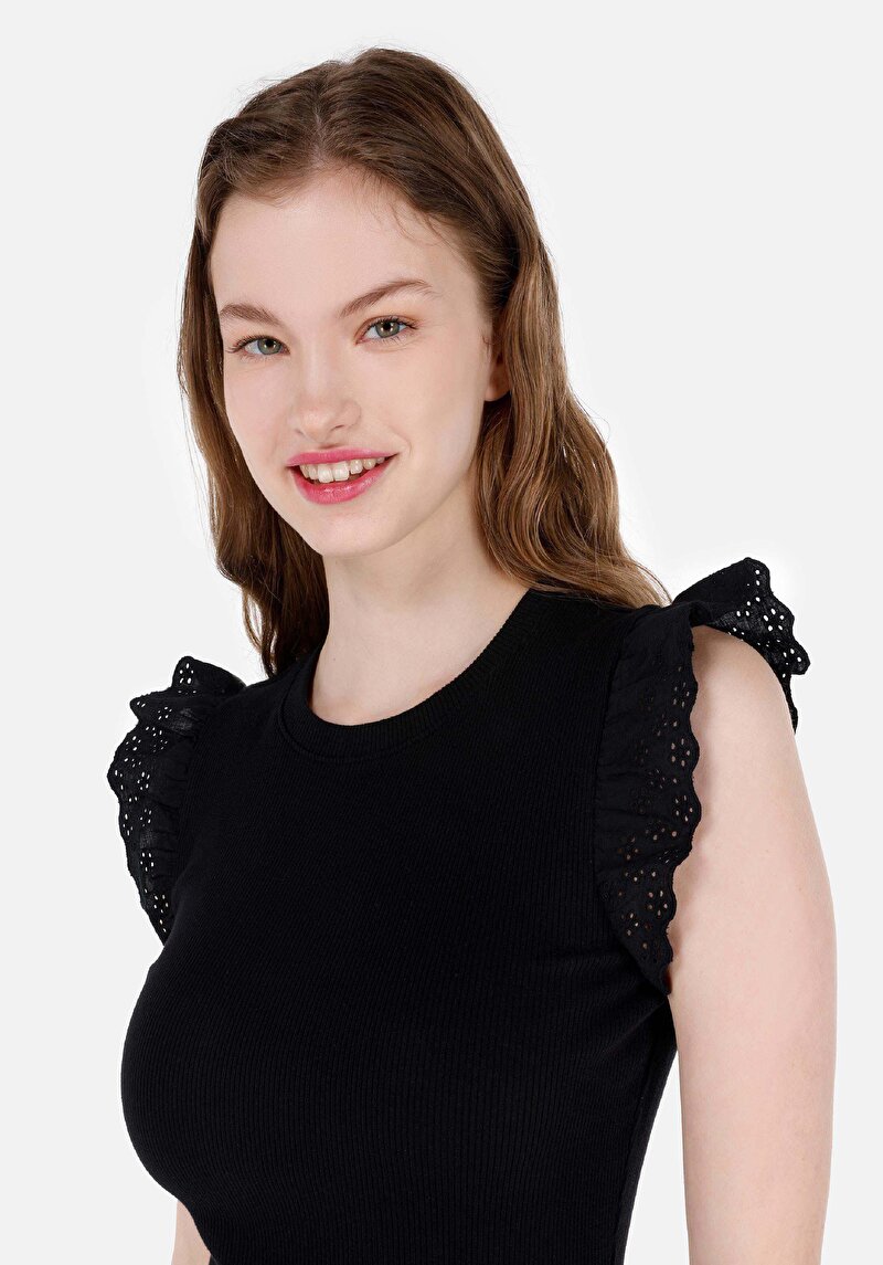 Slim Fit Örme Kadın Siyah Kısa Kol Elbise