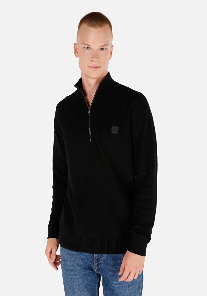 Regular Fit Dik Yaka Jakarlı Erkek Siyah Kazak