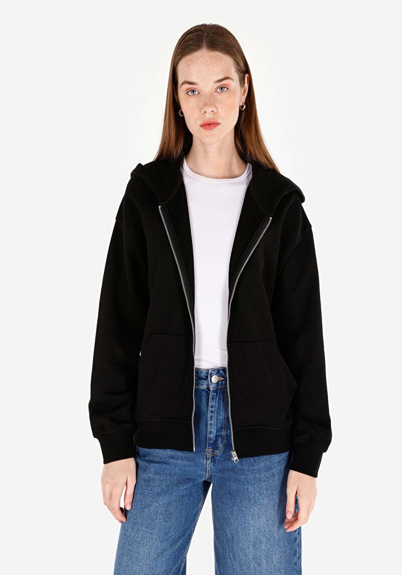Regular Fit Pamuklu Fermuarlı Düz Kadın Siyah Sweatshirt