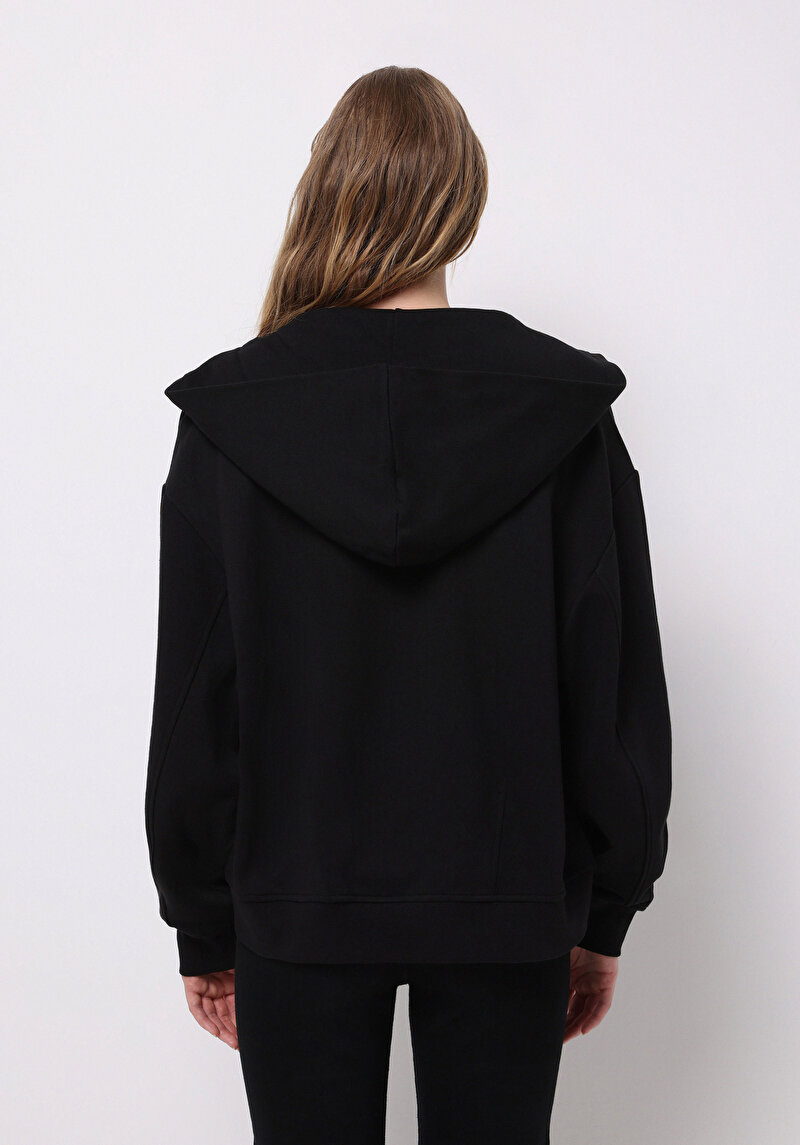 Regular Fit Pamuklu Fermuarlı Düz Kadın Siyah Sweatshirt