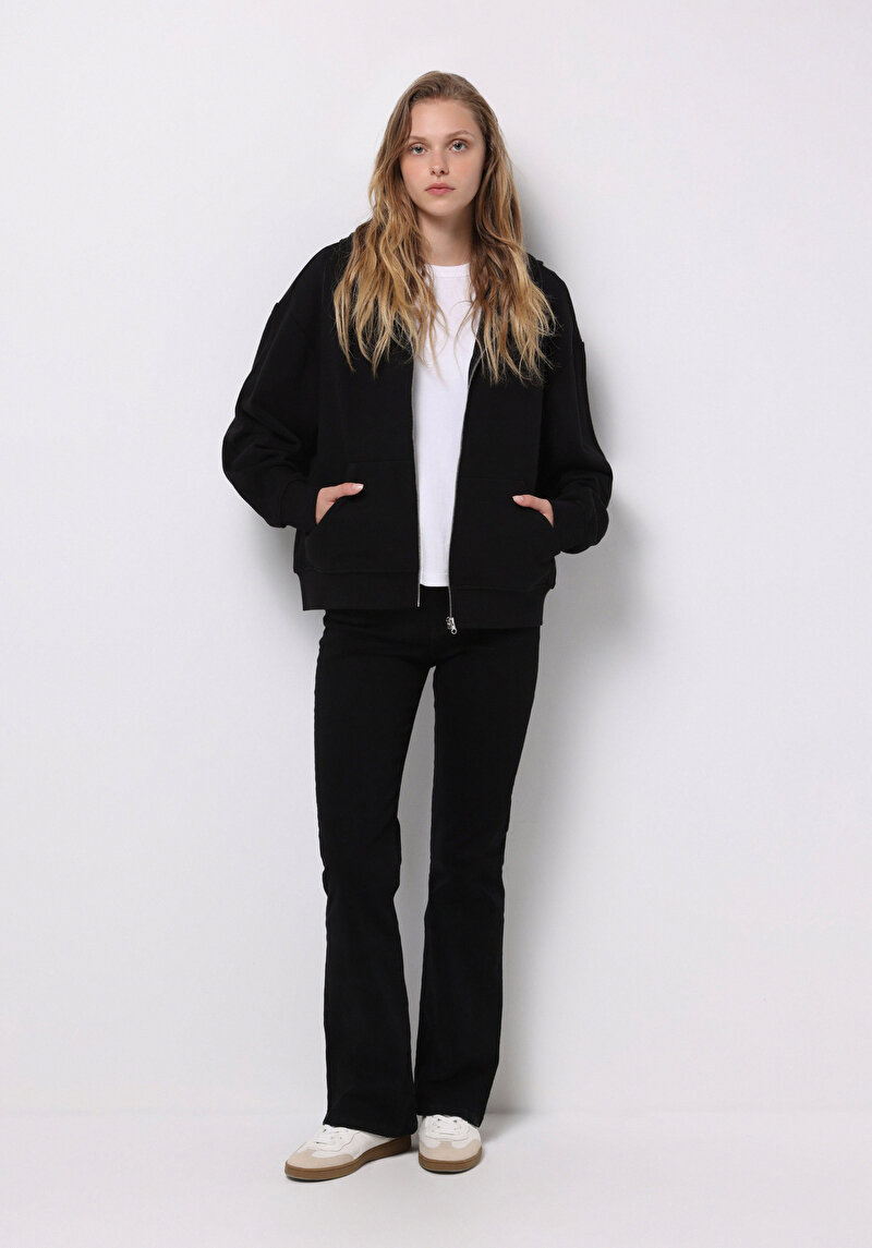Regular Fit Pamuklu Fermuarlı Düz Kadın Siyah Sweatshirt