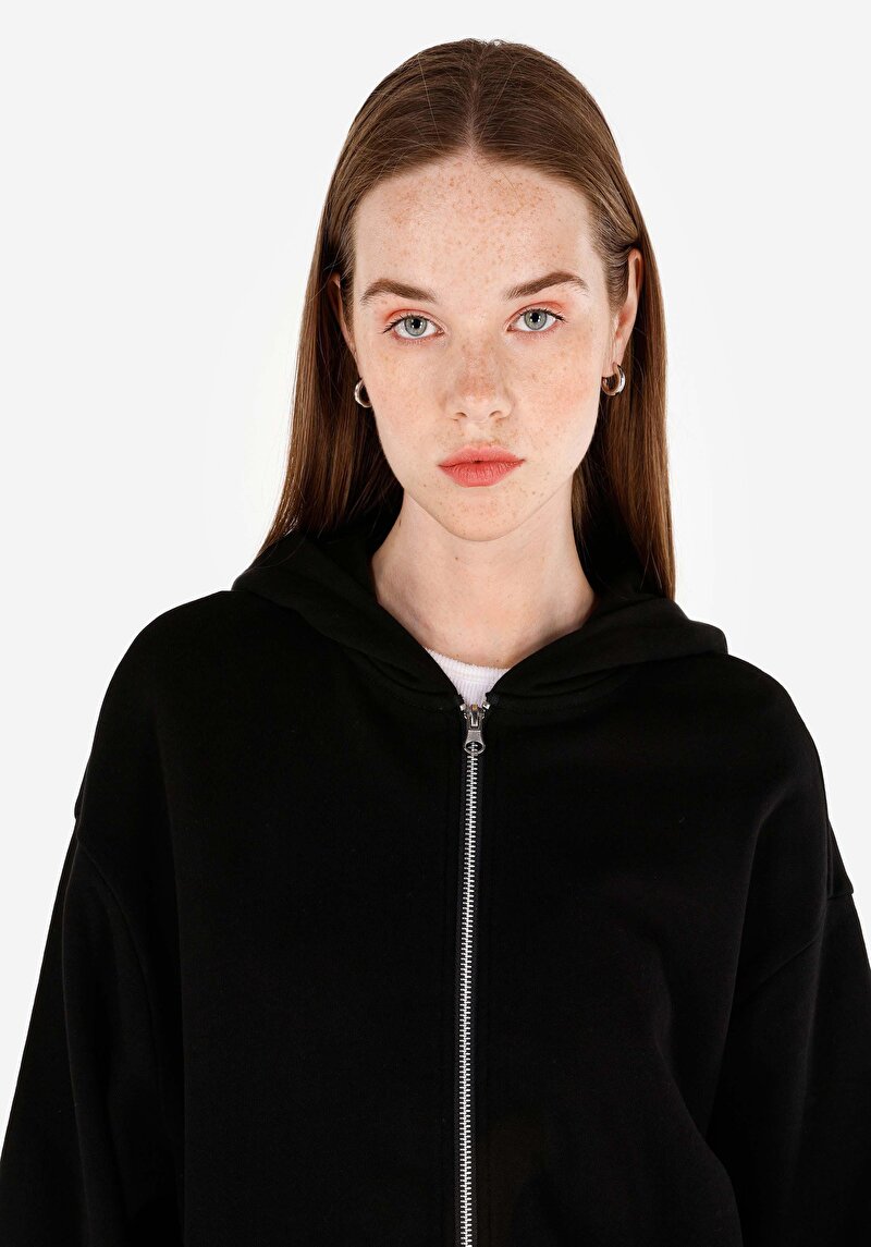 Regular Fit Fermuarlı Düz Kadın Siyah Sweatshirt