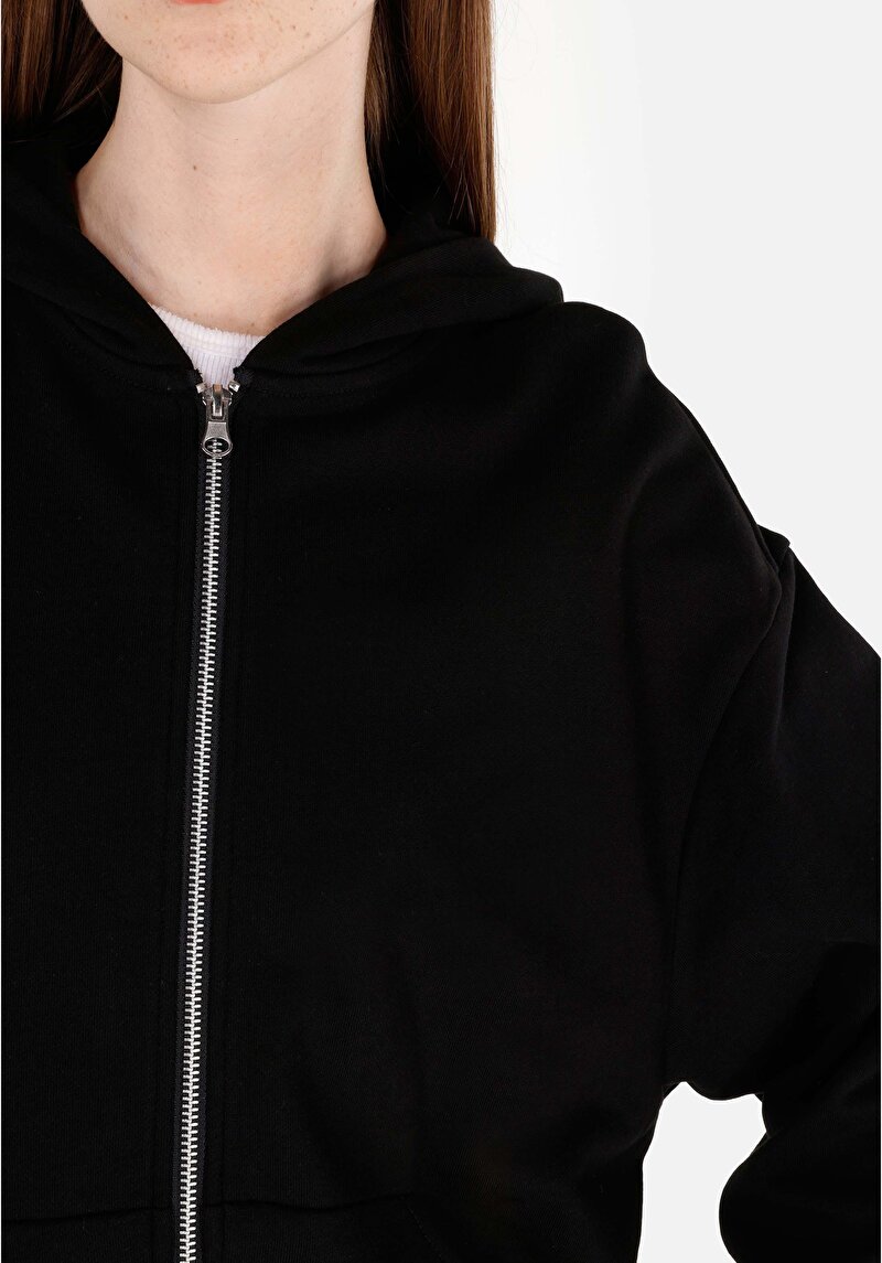 Regular Fit Fermuarlı Düz Kadın Siyah Sweatshirt