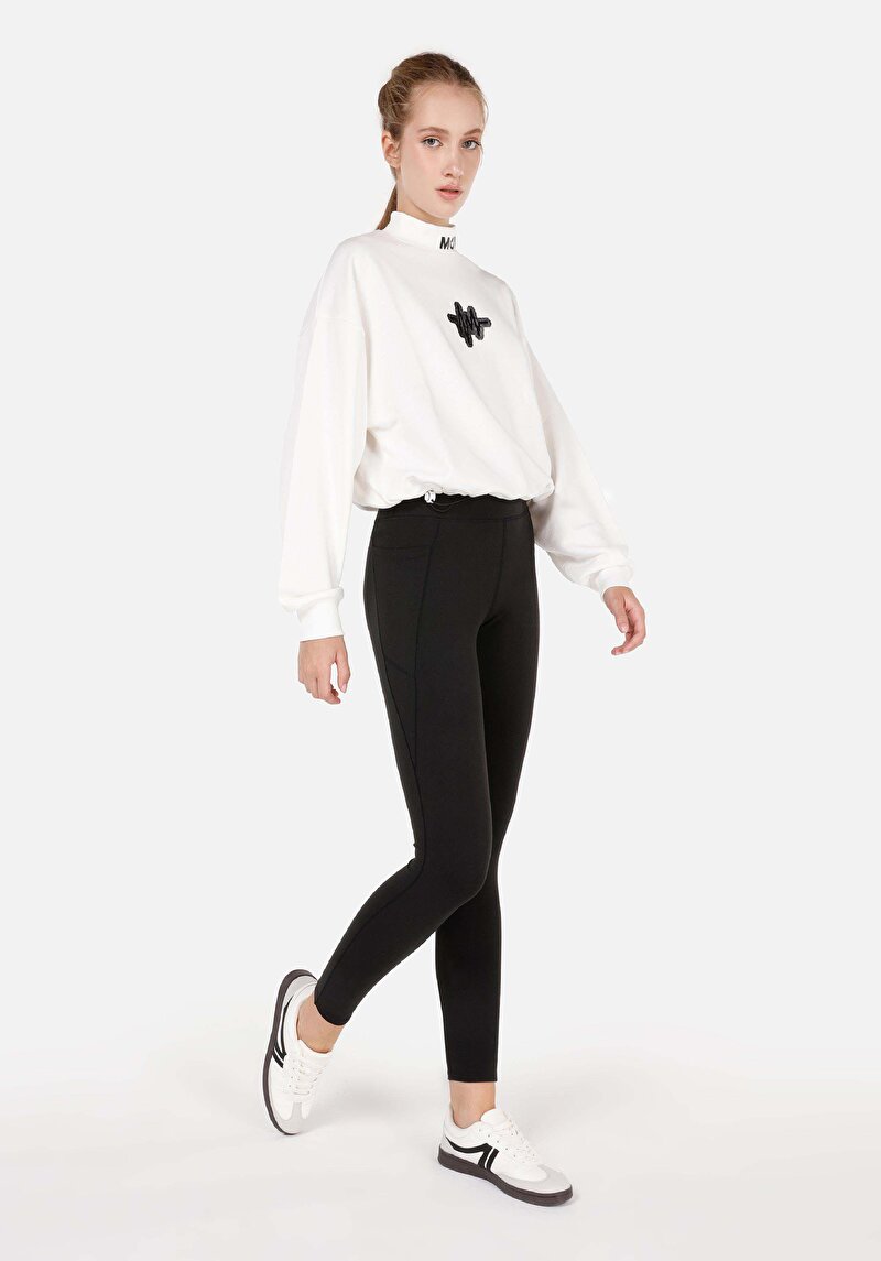 Slim Fit Yüksek Bel Cepli Kadın Siyah Örme Tayt