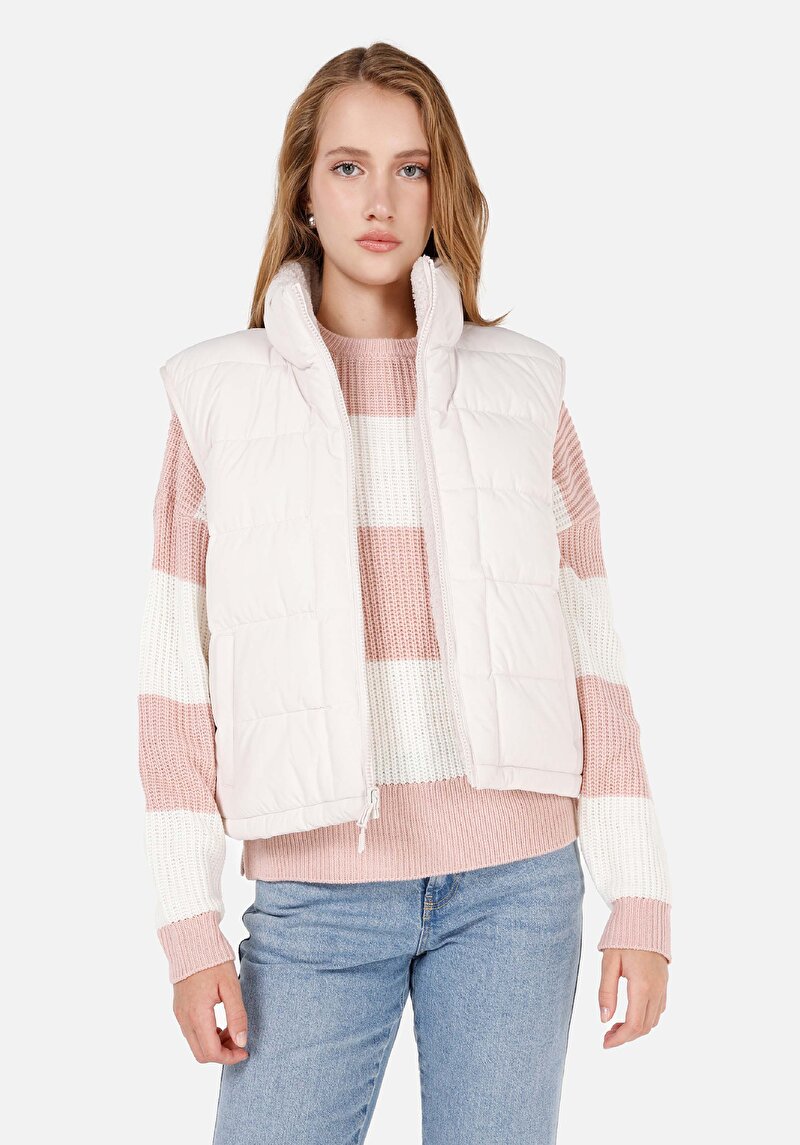 Regular Fit Dik Yaka Kadın Beyaz Yelek