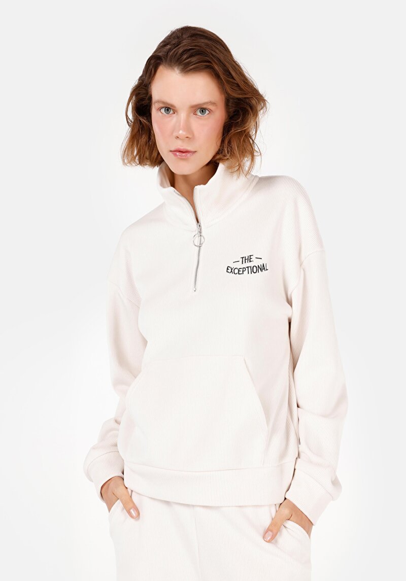 Regular Fit Fermuarlı  Kadın Ekru Sweatshirt