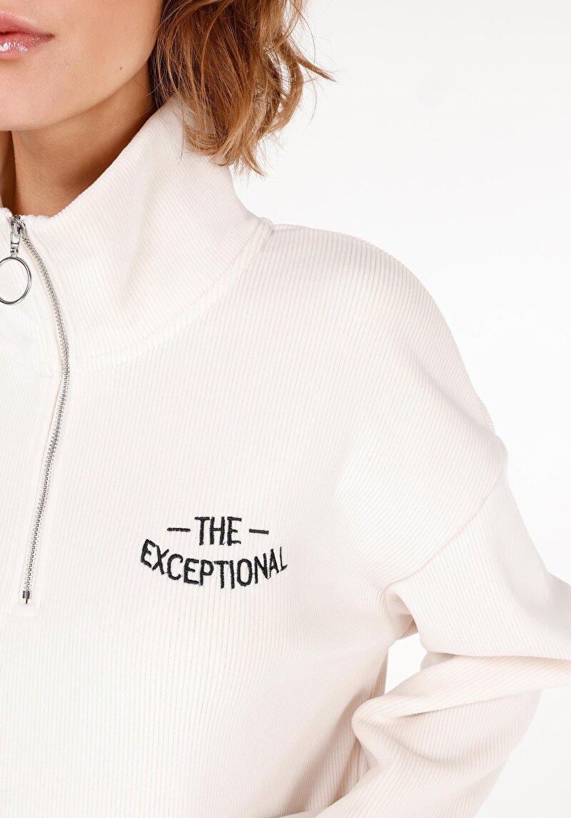 Regular Fit Fermuarlı  Kadın Ekru Sweatshirt