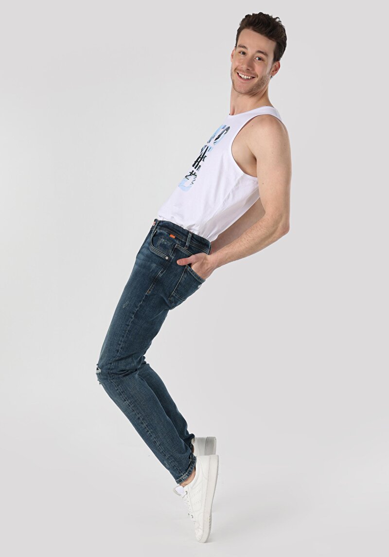 Slim Fit Düşük Bel Dar Paça Erkek İndigo Jean Pantolon