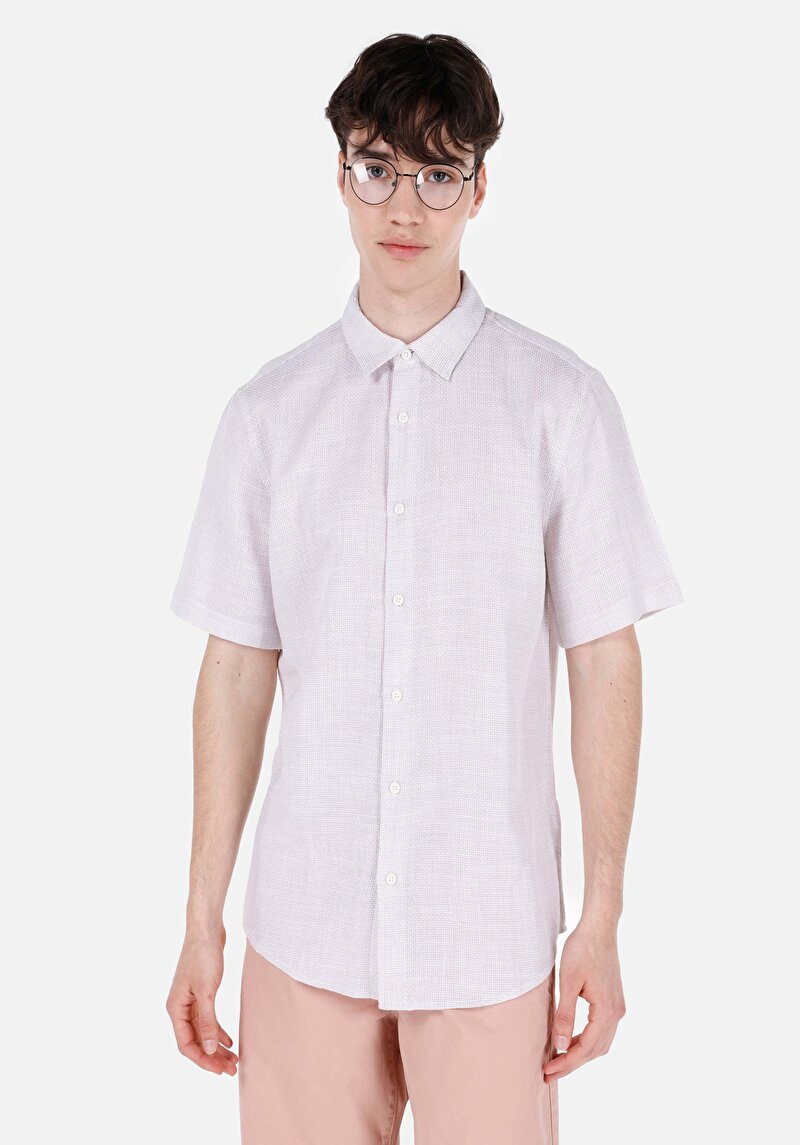 Regular Fit Shirt Neck Düz Erkek Bej Kısa Kol Gömlek